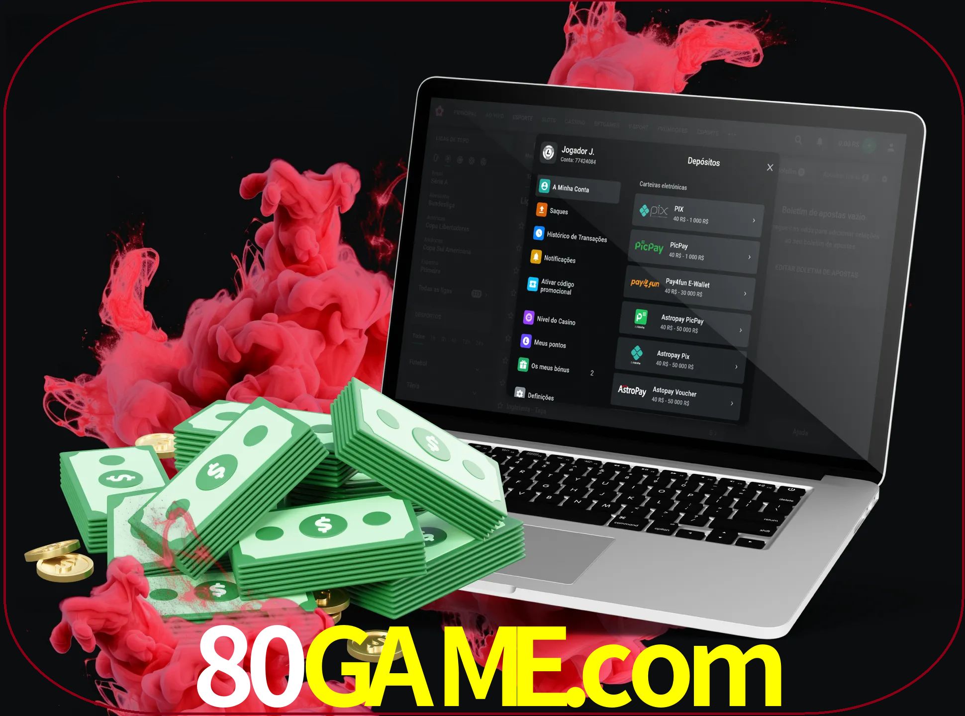 Para efetuar um depósito na sua conta 80game, basta escolher o método de depósito e especificar o montante.